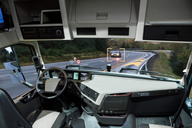 Self driving truck with head up display on a road